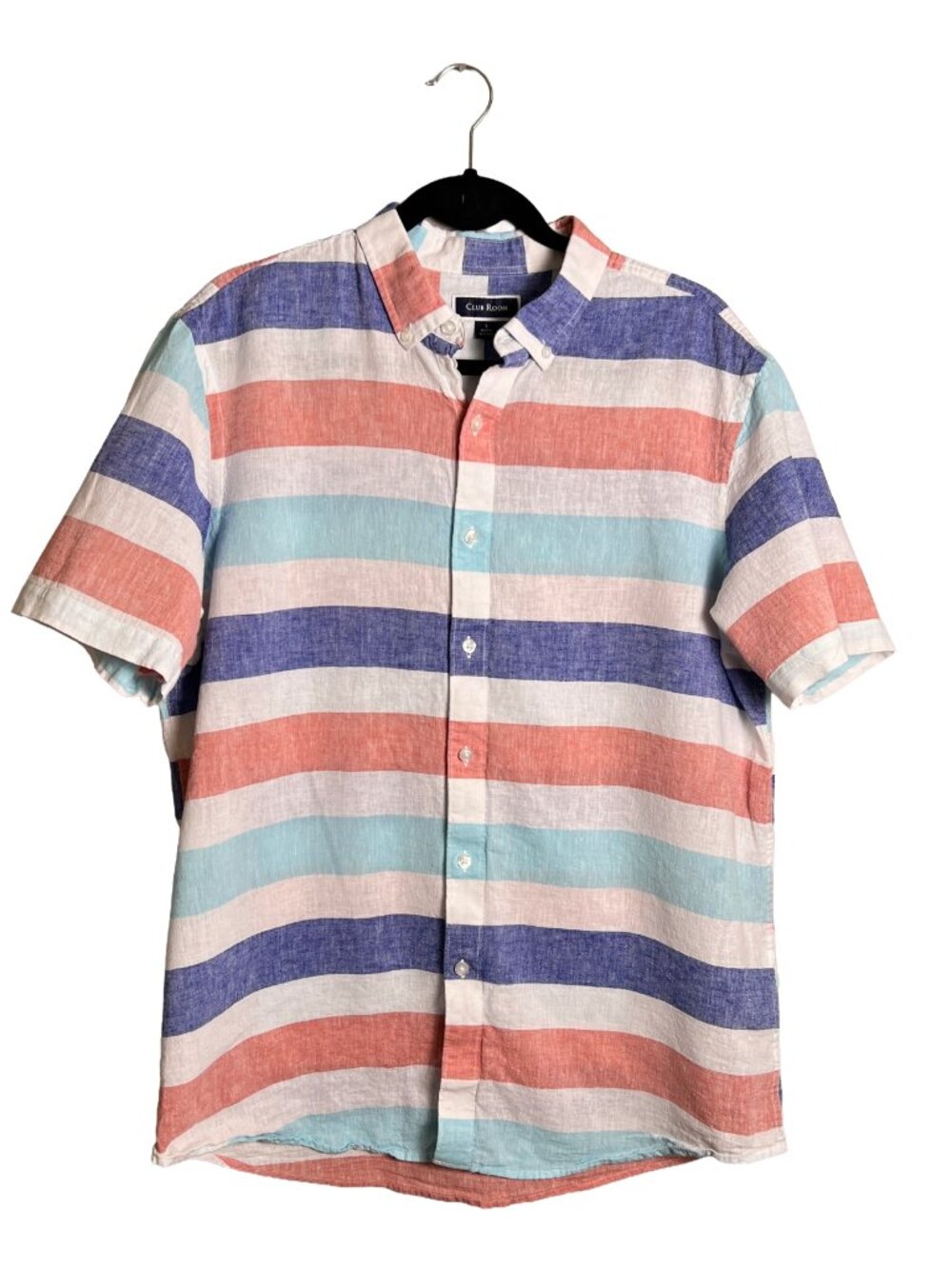 Club Room Short Sleeve Linen Striped Button‎ Down Large